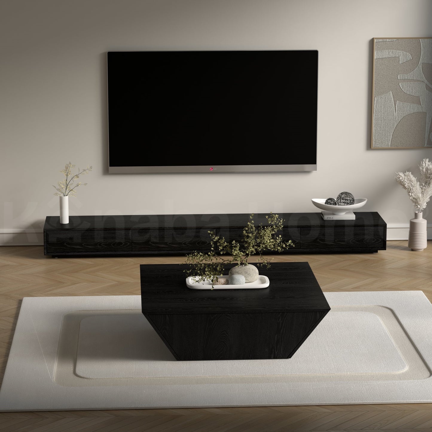 Modern living room with a black TV stand and coffee table.