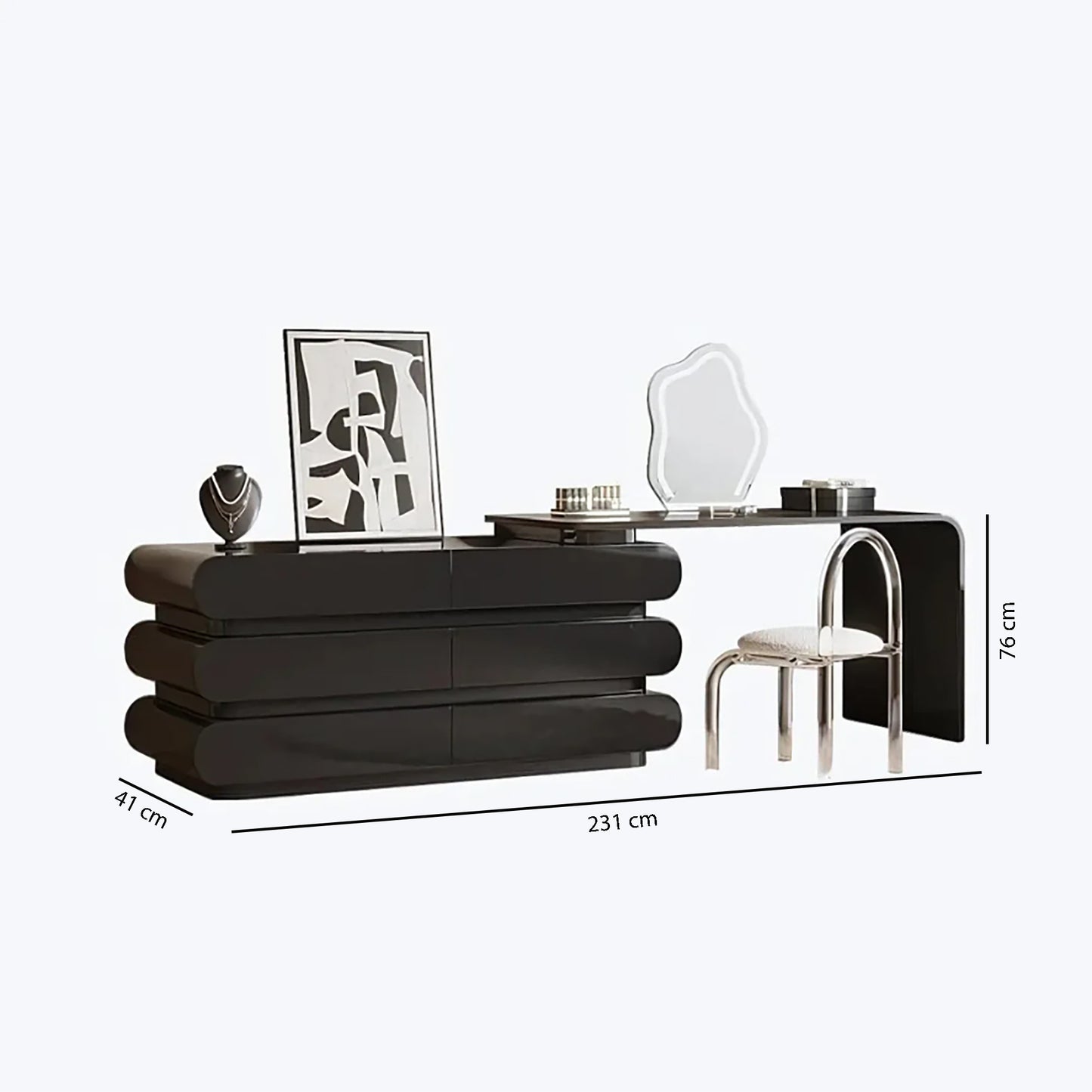 Black modern console table with mirror
