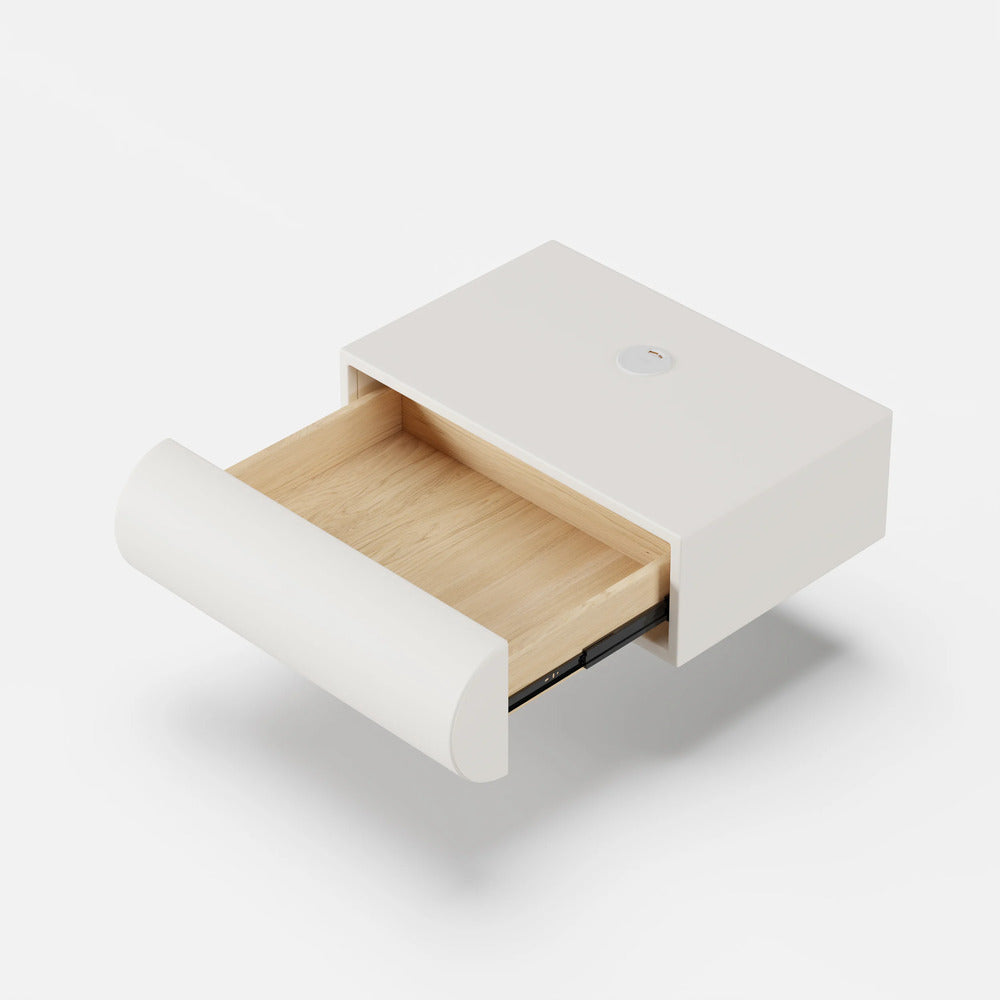 White nightstand with a wooden drawer