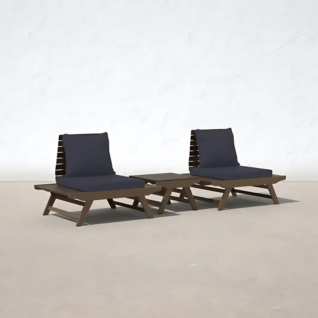 A set of two navy blue cushioned chairs with a wooden frame and a matching coffee table.