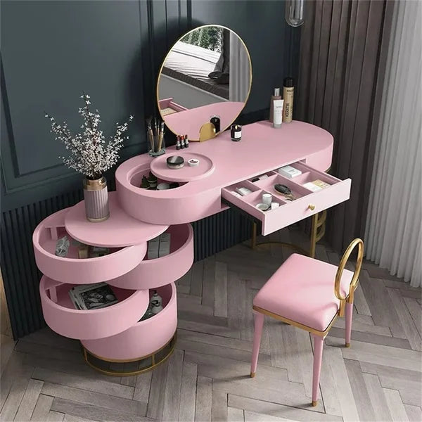 Flare Makeup Vanity Set that includes Side Cabinet with 4 Drawers, Table, Mirror & Chair