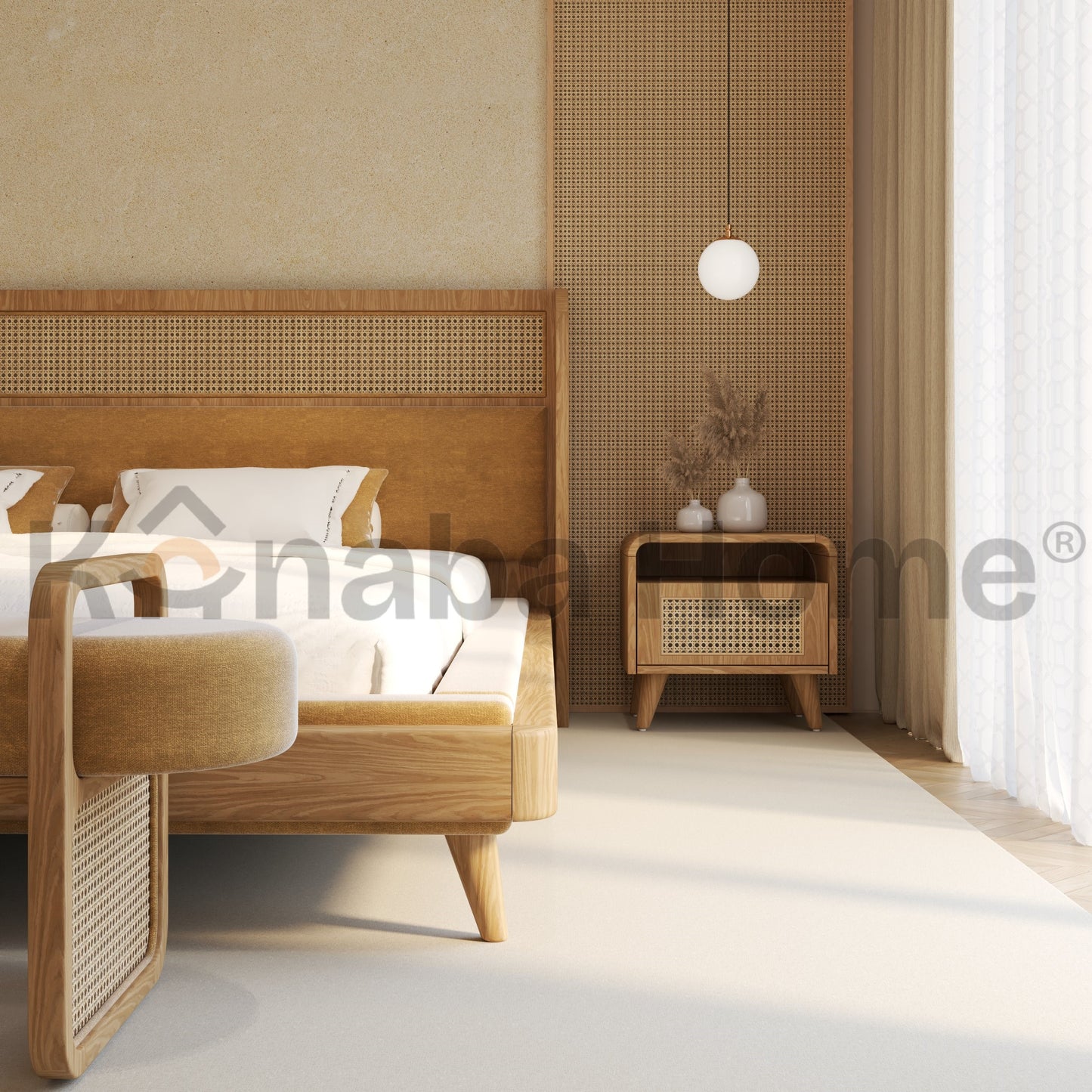 rattan side table and bench with bed