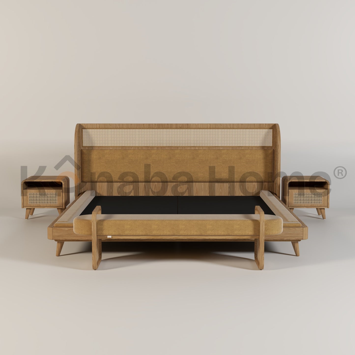 bed and sidetables with rattan design