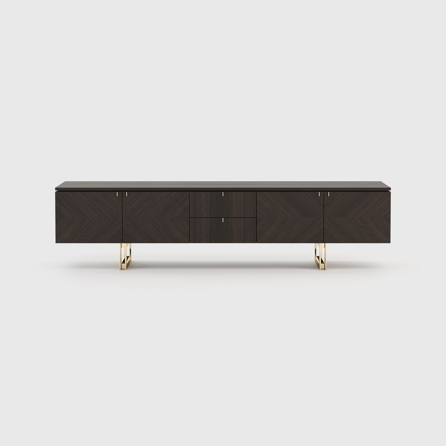 Steel base and walnut wood cabinet with storage for tv.