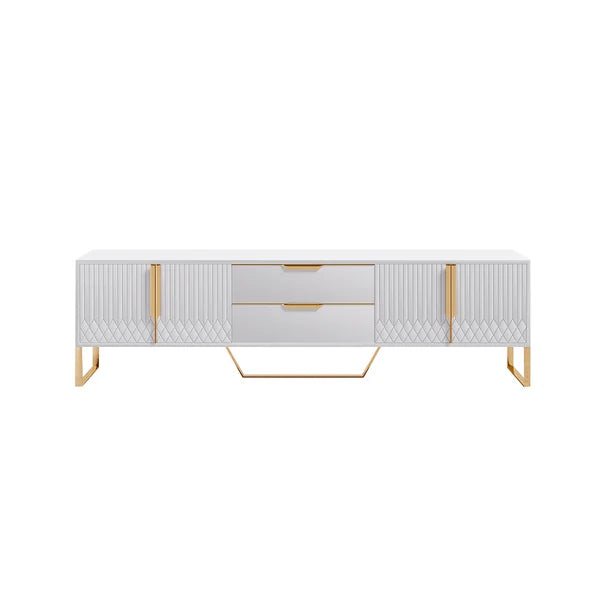 white standing tv unit and golden handles