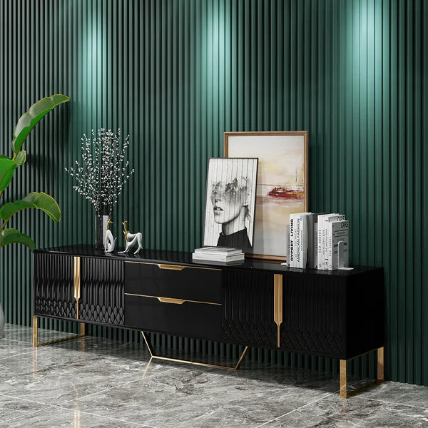 black tv stand and golden handles and legs